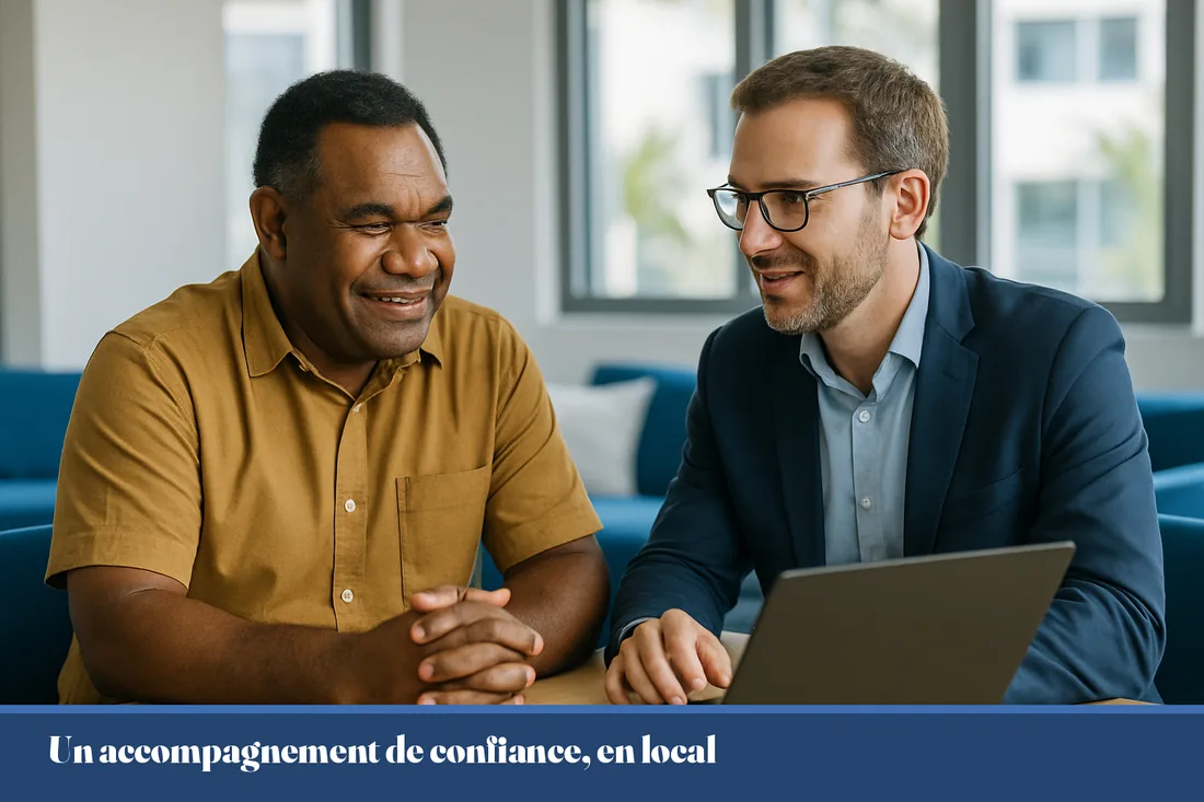 Une dirigeante calédonienne échange avec un conseiller informatique dans un bureau lumineux de Nouméa