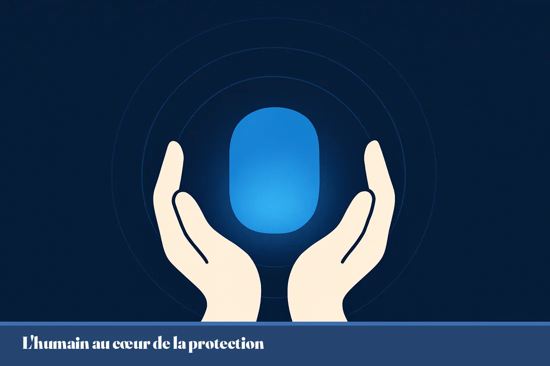 Illustration de deux mains protégeant une donnée lumineuse, symbole du garde-fou humain et de la confiance