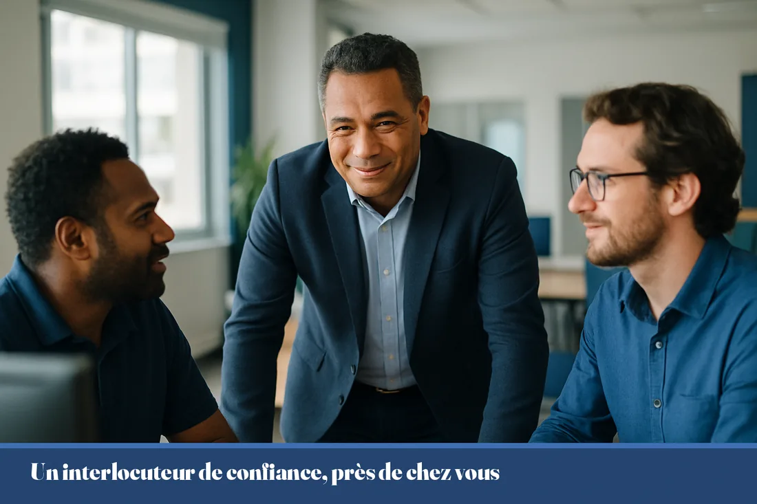 Dirigeant calédonien rassuré échangeant avec un conseiller informatique dans un bureau clair de Nouméa