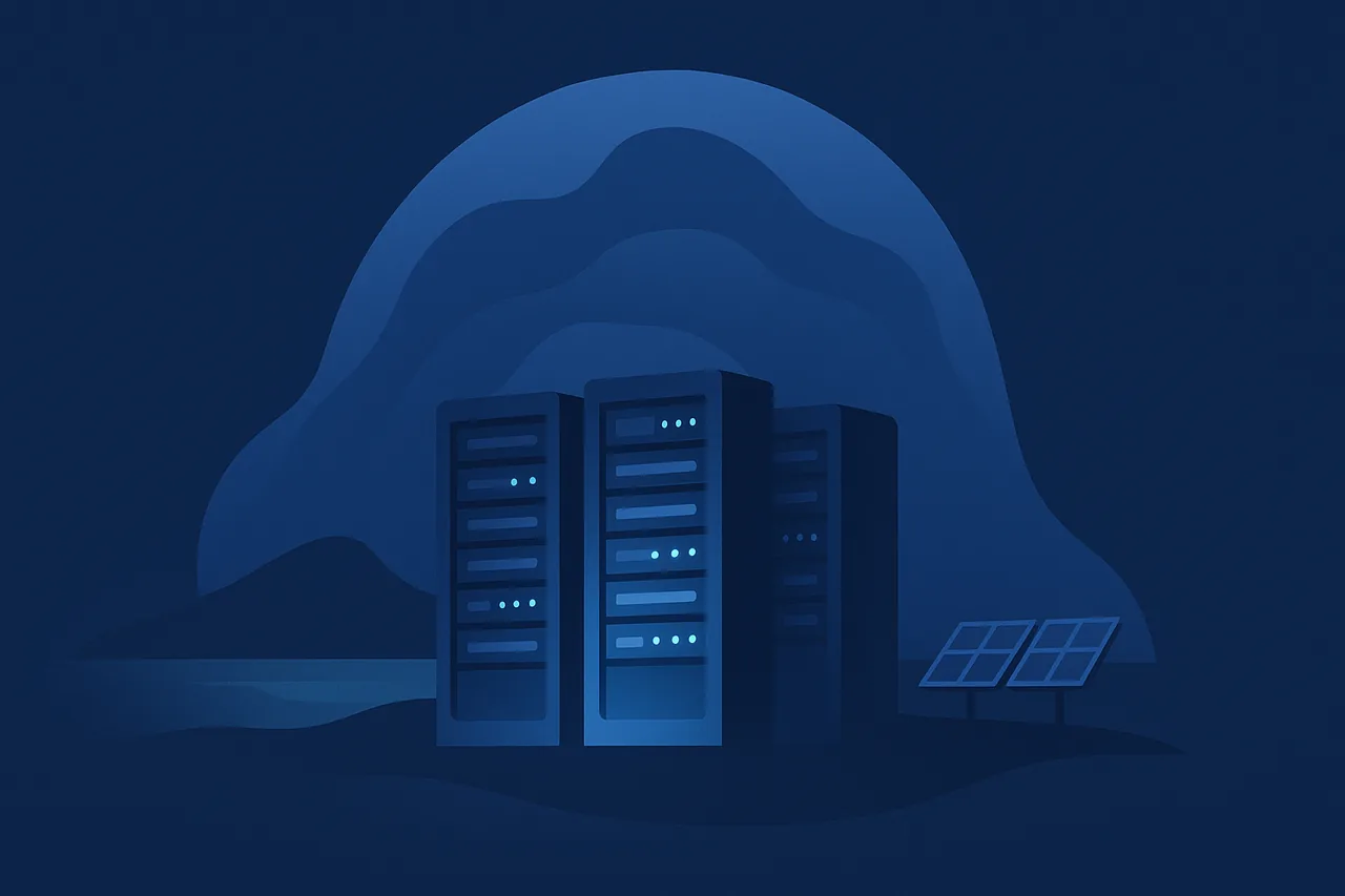 Illustration de baies de serveurs protégées sur fond marine, datacenter local en Nouvelle-Calédonie