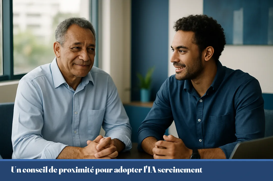 Dirigeant calédonien échangeant avec un conseiller IT dans un bureau lumineux de Nouméa