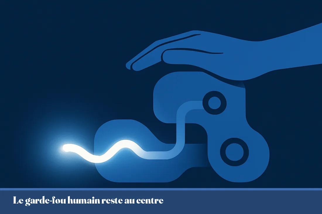 Illustration du garde-fou humain encadrant l'IA, main bleue et formes organiques marine
