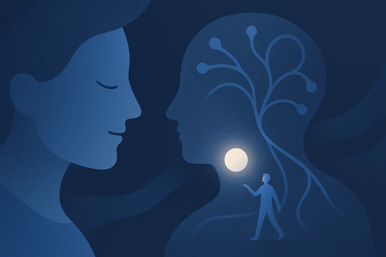 Illustration de l'intelligence artificielle au service de l'humain, formes bleu marine et blanc