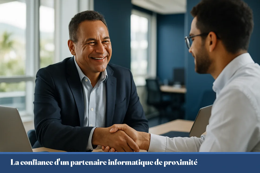 Dirigeant calédonien rassuré échangeant avec son conseiller informatique dans un bureau lumineux de Nouméa