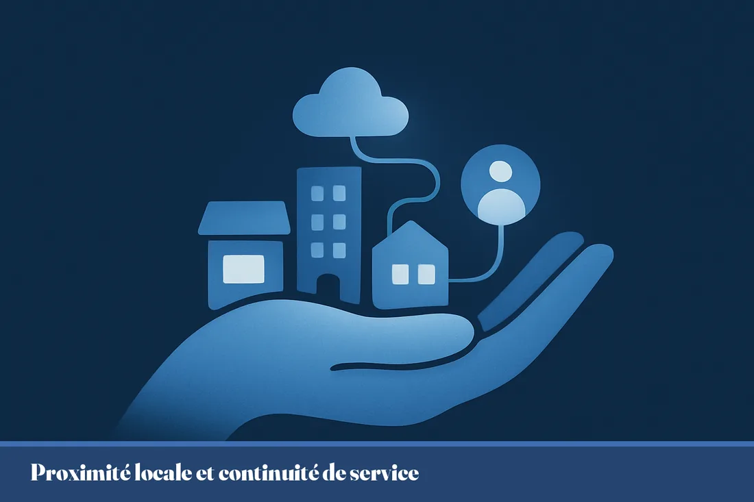 Illustration conceptuelle de la proximité et de la continuité de service en bleu marine et blanc