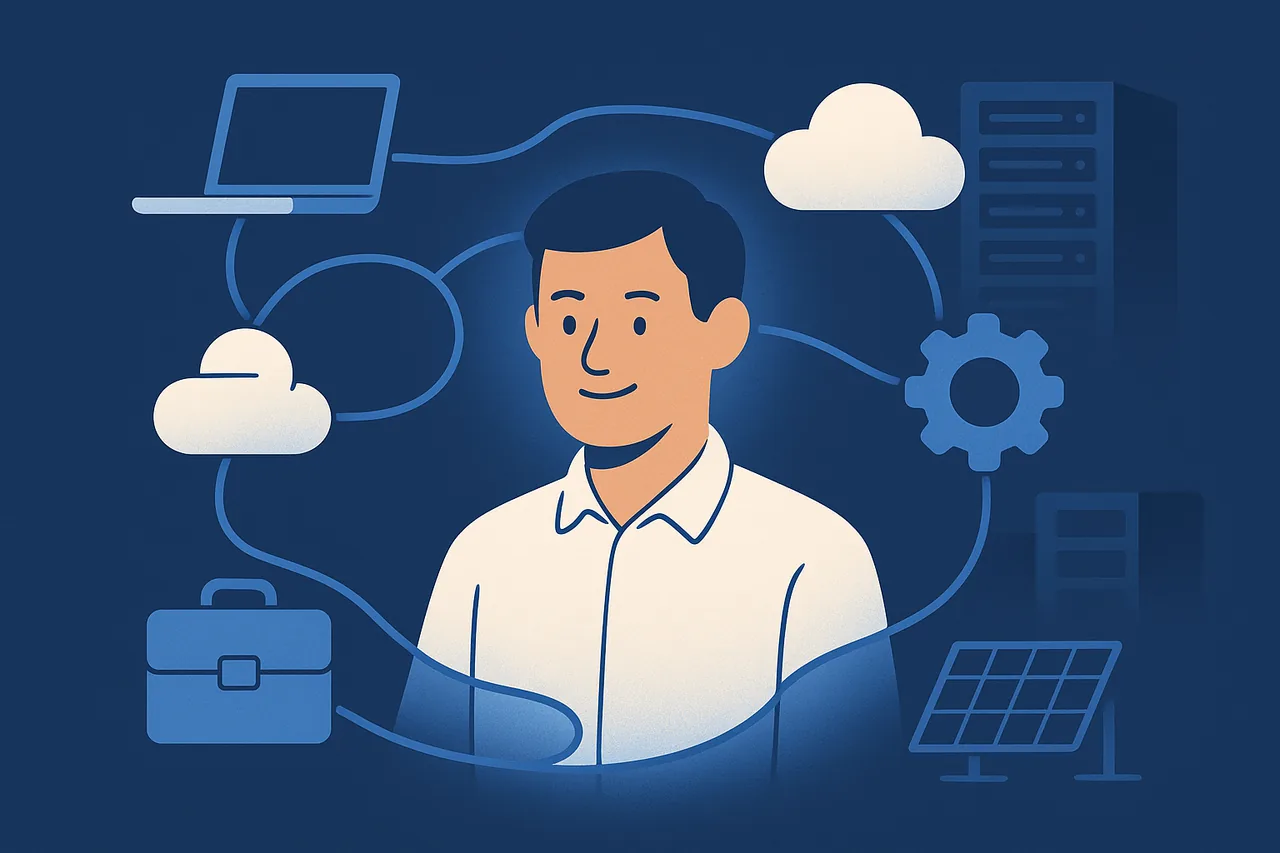 Illustration d'un interlocuteur unique reliant les services informatiques d'une entreprise en bleu marine