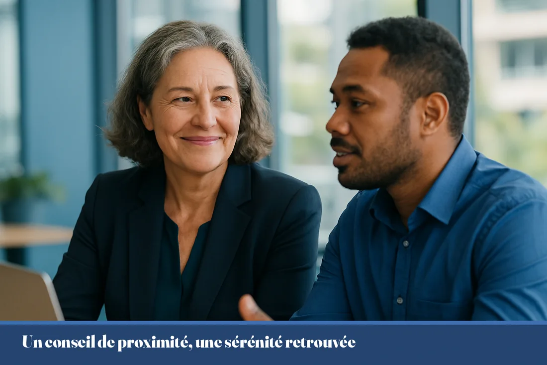 Dirigeante calédonienne rassurée échangeant avec un conseiller informatique dans son bureau